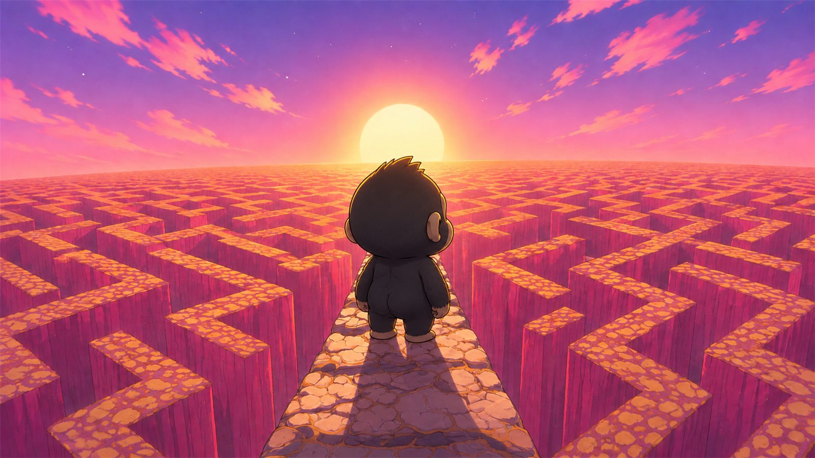 Gubo facing an endless maze at sunset