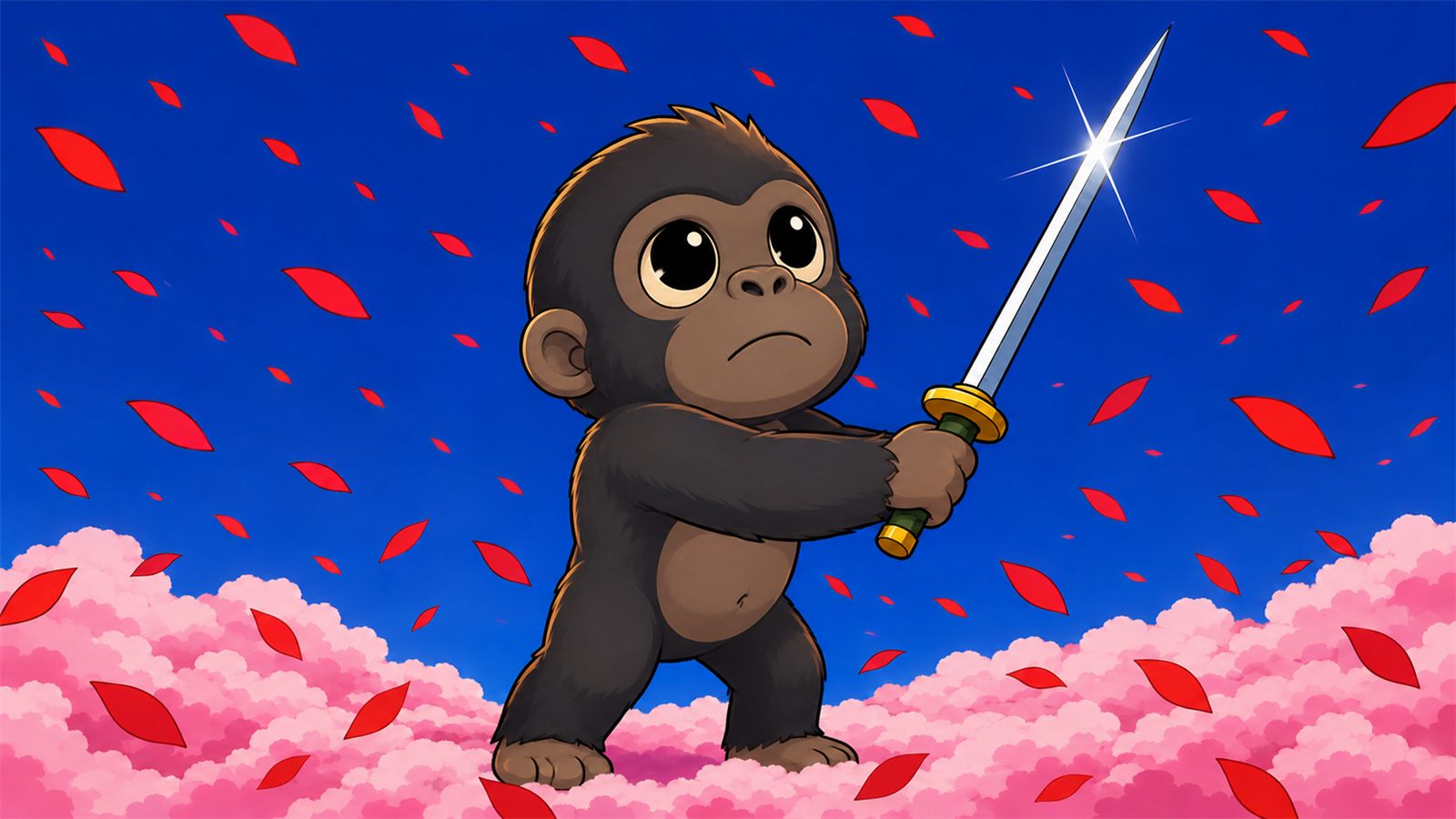 Gubo holding a katana under falling cherry blossoms